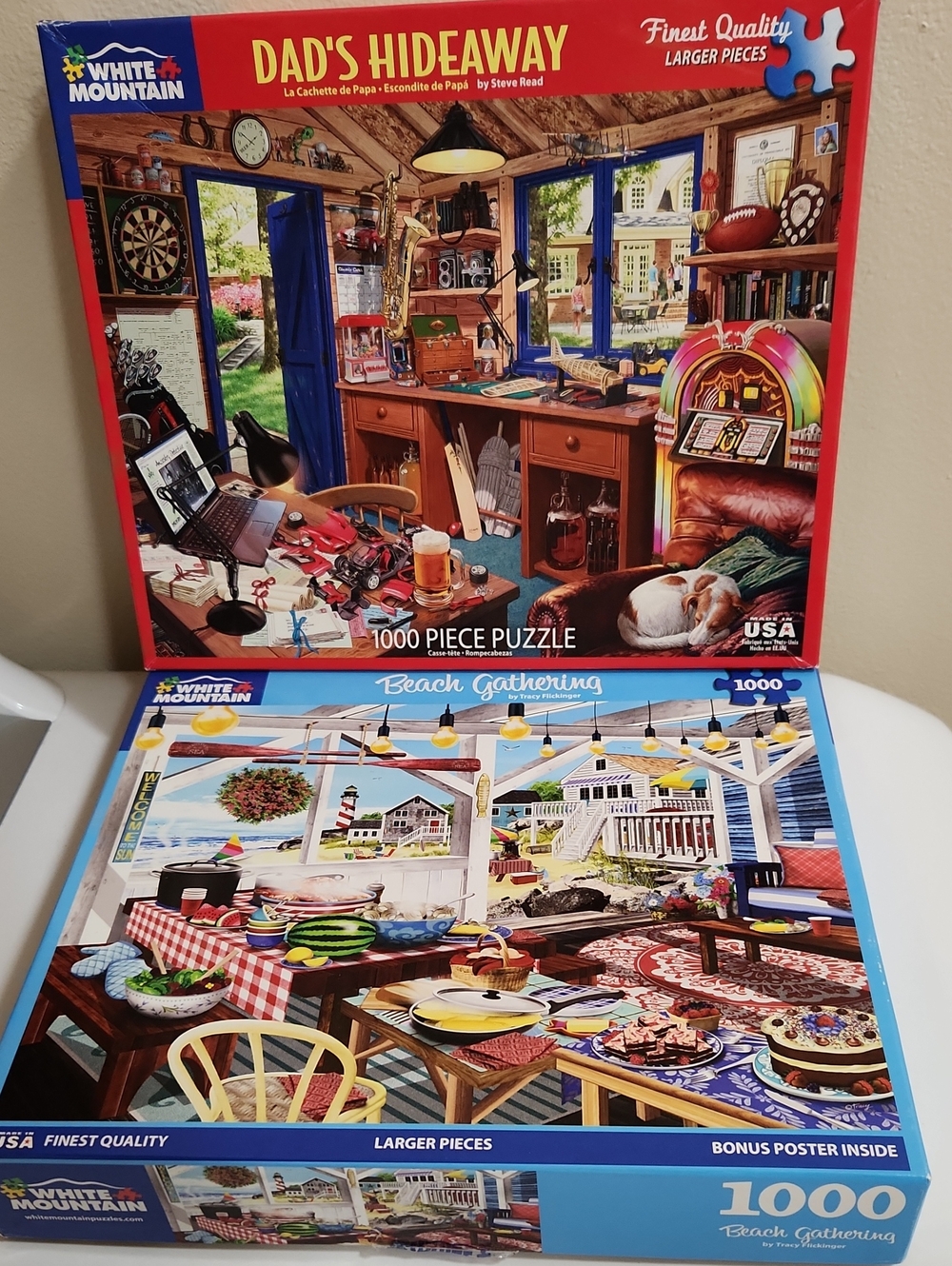 2/$20 WHITE MOUNTAIN PUZZLES 1000 pc Dad's Hideaway Beach Gathering + Posters